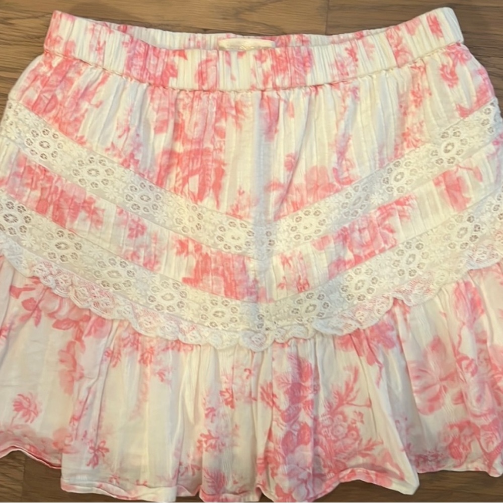 LoveShackFancy White and Pink Floral Lace Tiered Skirt